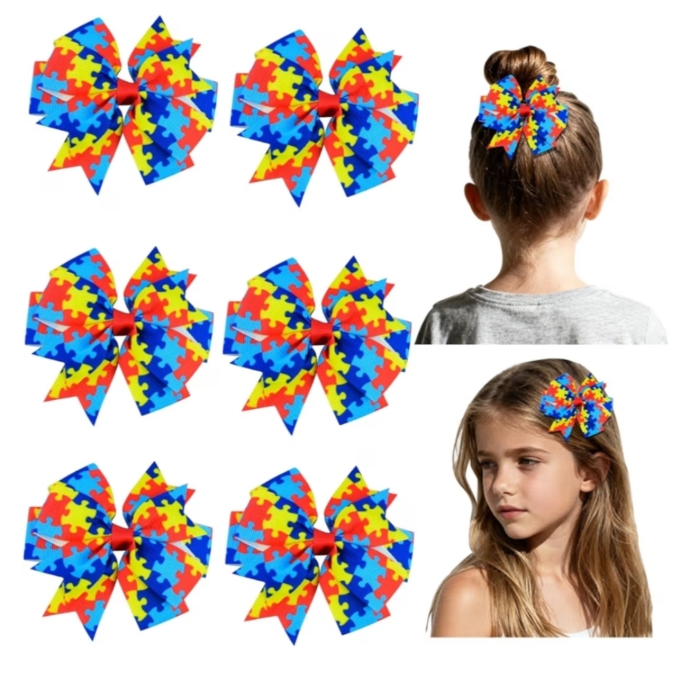 6PCS Autism Awareness Hair Bows